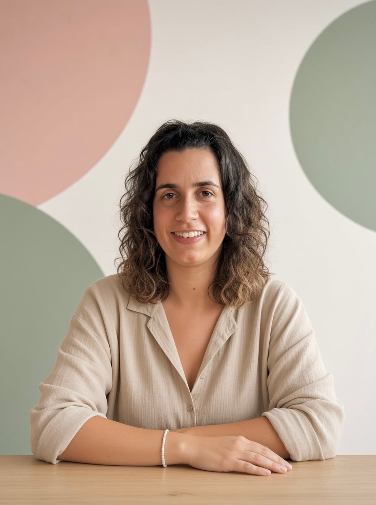 Alba Valero, sentada, sonriendo